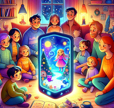 AI Book on smartphone with kids around it